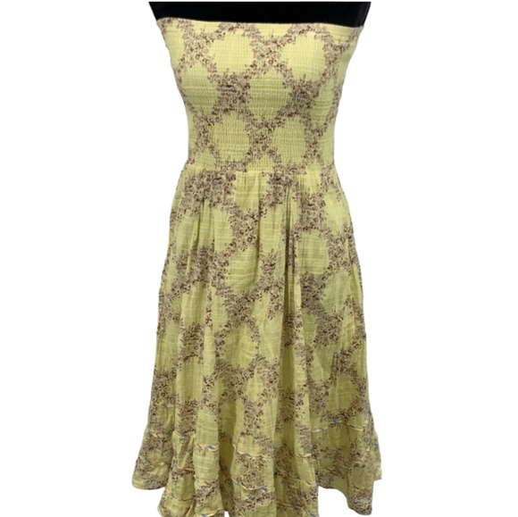Free People Women's Strapless Floral Ruched Cotton Dress‎ Yellow Size 0 - Picture 1 of 6